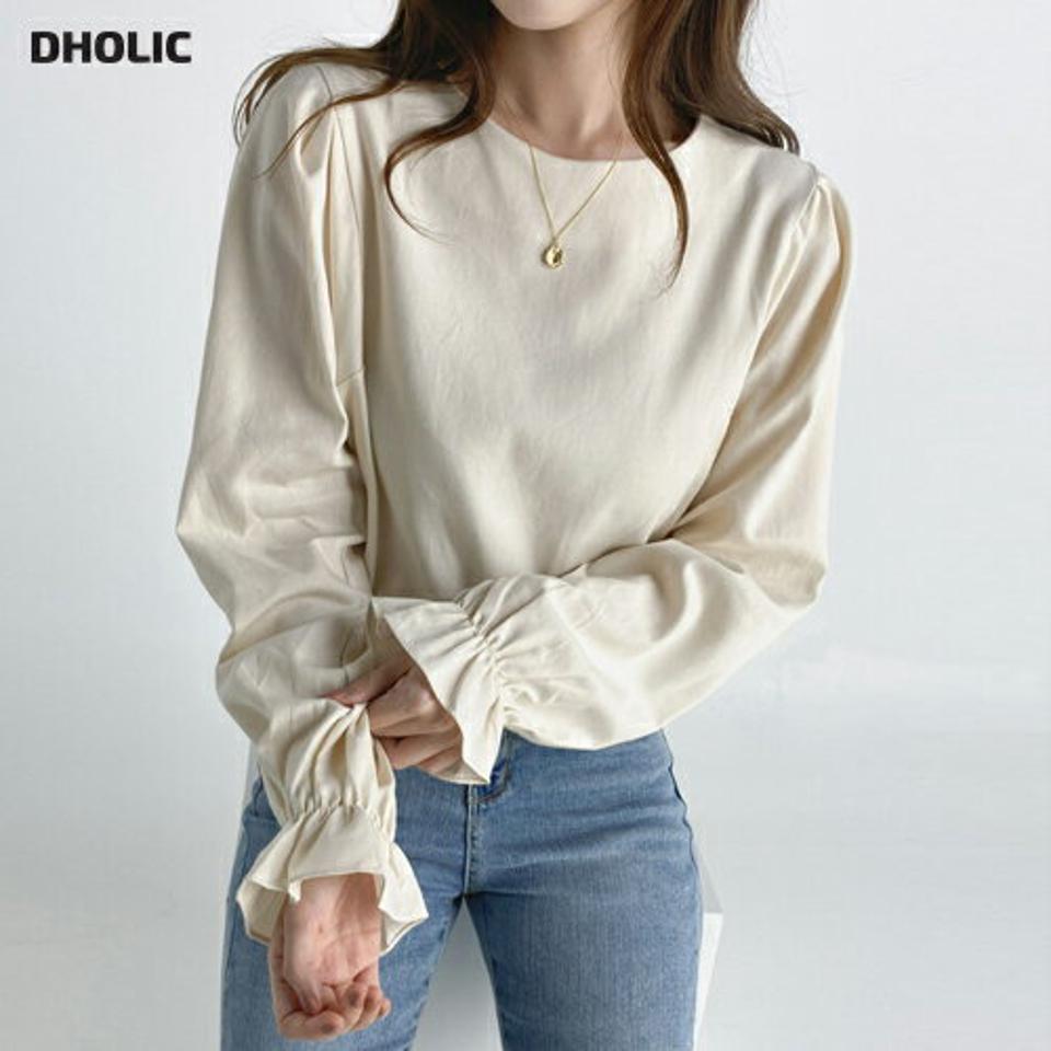 パフスリーブブラウス・t03310 レディース 【bl】トップス ブラウス 長袖 パフスリーブ 袖コン 単色 無地 シンプル ラウンドネック フェミニン オフィス きれいめ 大人 キャンディースリーブ 春 秋 韓国ファッション 人気