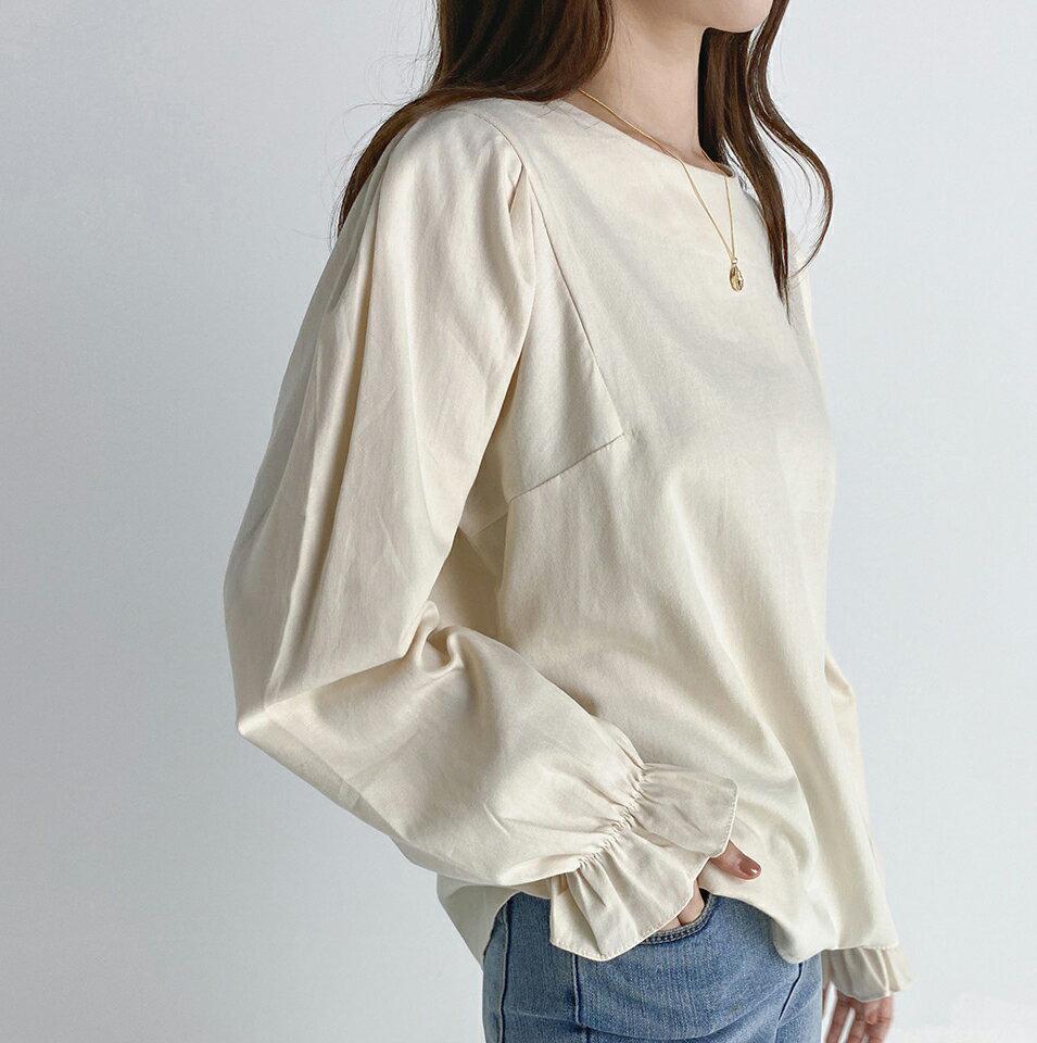 パフスリーブブラウス・t03310 レディース 【bl】トップス ブラウス 長袖 パフスリーブ 袖コン 単色 無地 シンプル ラウンドネック フェミニン オフィス きれいめ 大人 キャンディースリーブ 春 秋 韓国ファッション 人気