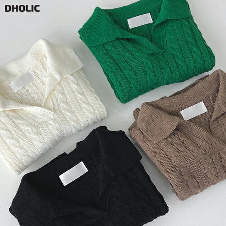 スリットカラーケーブルニット・t03311 レディース 【tops】トップス ニット 長袖 ポロ襟 スリット ケーブル編み 単色 シンプル カジュアル ラフ 茶色 緑 カラーニット クロップド丈 アクリル 秋 冬 ショート丈 骨格ストレート 韓国ファッション