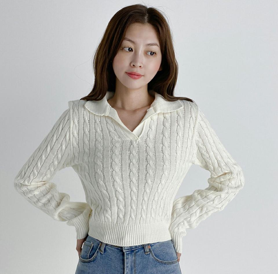 スリットカラーケーブルニット・t03311 レディース 【tops】トップス ニット 長袖 ポロ襟 スリット ケーブル編み 単色 シンプル カジュアル ラフ 茶色 緑 カラーニット クロップド丈 アクリル 秋 冬 ショート丈 骨格ストレート 韓国ファッション