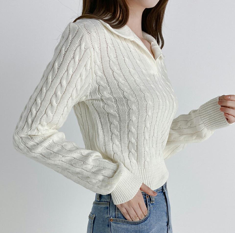 スリットカラーケーブルニット・t03311 レディース 【tops】トップス ニット 長袖 ポロ襟 スリット ケーブル編み 単色 シンプル カジュアル ラフ 茶色 緑 カラーニット クロップド丈 アクリル 秋 冬 ショート丈 骨格ストレート 韓国ファッション
