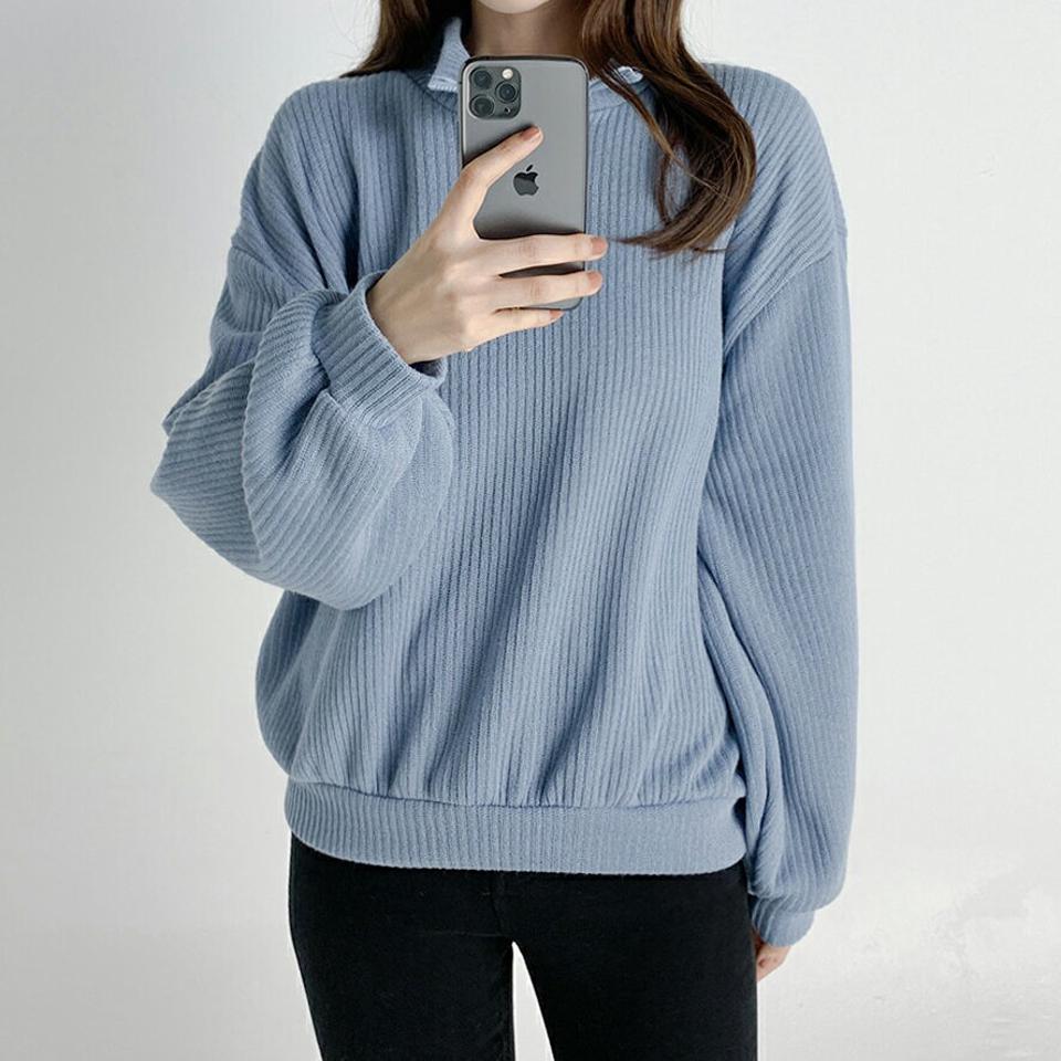 ハーフジップリブTシャツ・t03293 レディース 【tops】トップス 長袖 ジップアップ ハーフジップ リブ 単色 無地 シンプル カジュアル 襟 大人 ラフ ゆったり ソフトタッチ ドロップショルダー ハーフネック 秋 冬 韓国ファッション