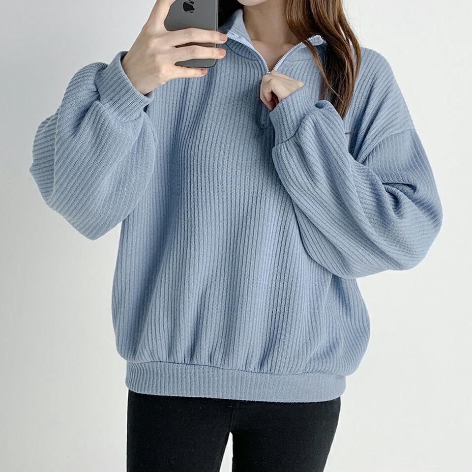 ハーフジップリブTシャツ・t03293 レディース 【tops】トップス 長袖 ジップアップ ハーフジップ リブ 単色 無地 シンプル カジュアル 襟 大人 ラフ ゆったり ソフトタッチ ドロップショルダー ハーフネック 秋 冬 韓国ファッション