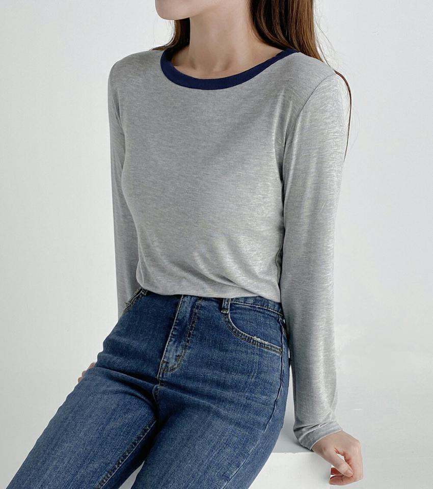 配色ラウンドネックTシャツ・t03289 レディース 【tops】トップス Tシャツ 長袖 ロンT 配色 ラウンドネック シンプル カジュアル ラフ クロップド丈 配色 春 秋 韓国ファッション