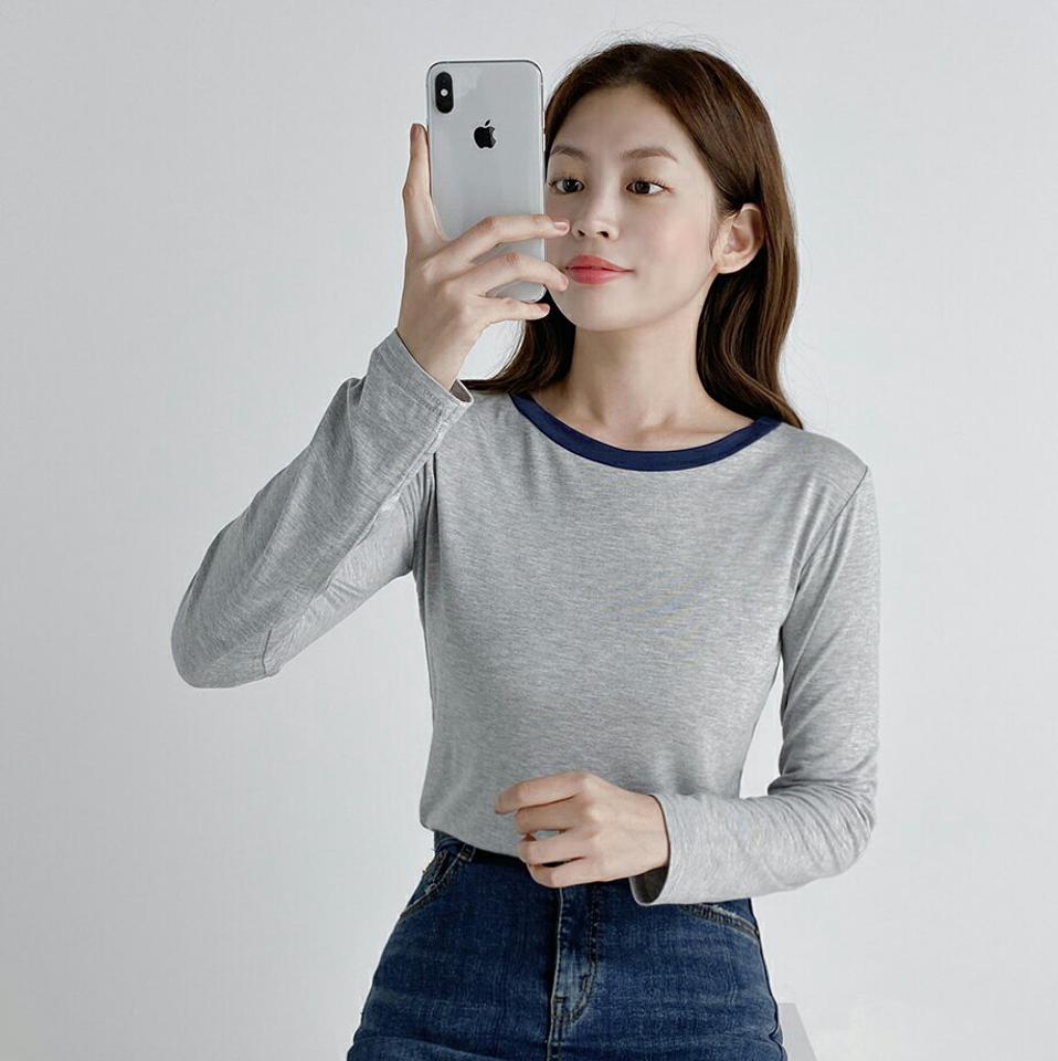 配色ラウンドネックTシャツ・t03289 レディース 【tops】トップス Tシャツ 長袖 ロンT 配色 ラウンドネック シンプル カジュアル ラフ クロップド丈 配色 春 秋 韓国ファッション