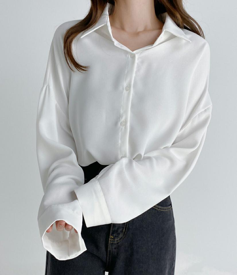 ランドへムシャツ・t03312 レディース 【bl】トップス シャツ 長袖 単色 無地 シンプル 大人 ベーシック きれいめ オフィス ドロップショルダー スリット スクールガール 春 秋 韓国ファッション