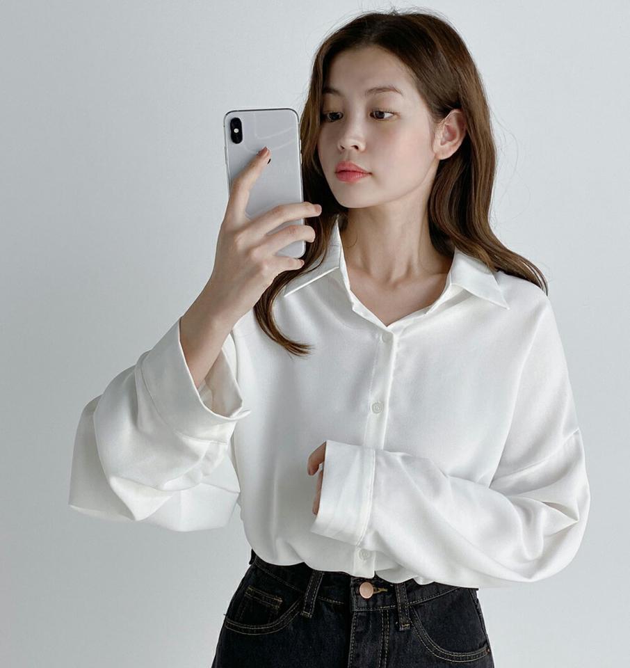 ランドへムシャツ・t03312 レディース 【bl】トップス シャツ 長袖 単色 無地 シンプル 大人 ベーシック きれいめ オフィス ドロップショルダー スリット スクールガール 春 秋 韓国ファッション