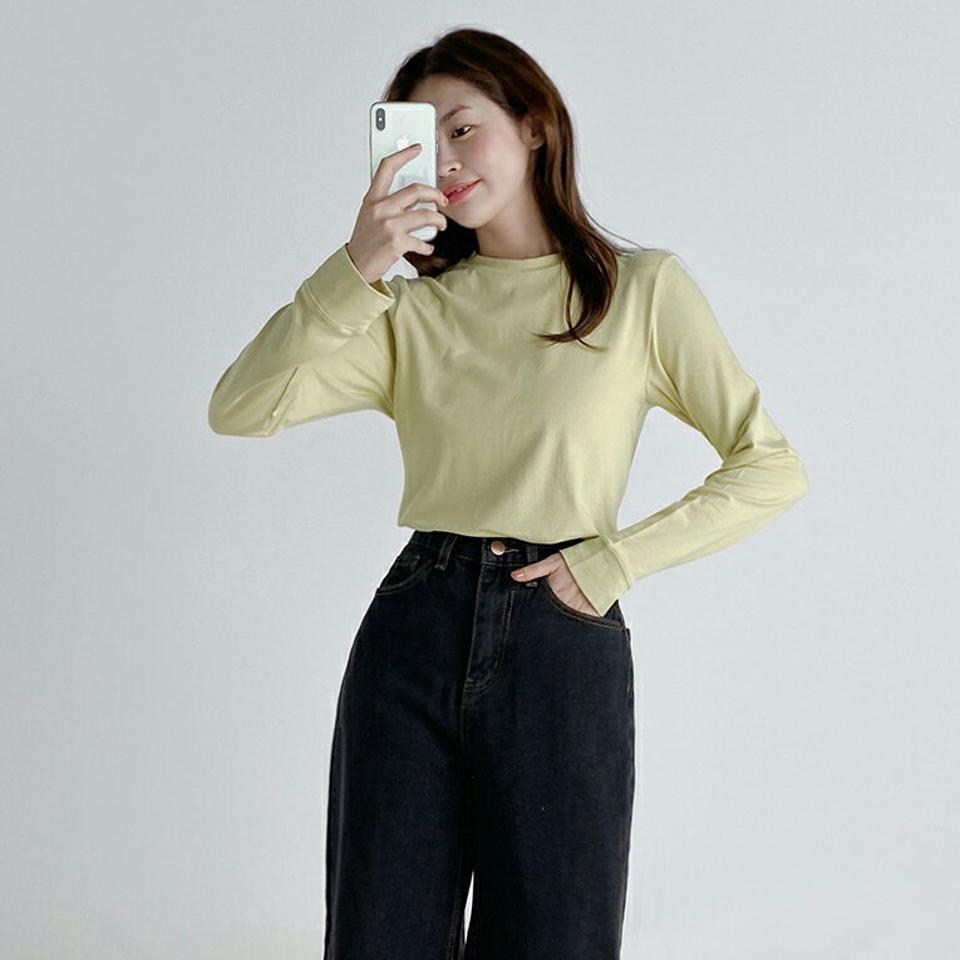 【マラソン特価】モダール混ステッチTシャツ・t03296 レディース 【tops】トップス Tシャツ 長袖 ロンT 単色 無地 シンプル ベーシック ラウンドネック ステッチ モダール 大人 カジュアル ピンク ネイビー 紺 茶色 黄色 春 秋 韓国ファッション