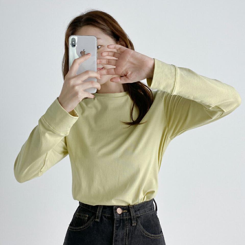 【マラソン特価】モダール混ステッチTシャツ・t03296 レディース 【tops】トップス Tシャツ 長袖 ロンT 単色 無地 シンプル ベーシック ラウンドネック ステッチ モダール 大人 カジュアル ピンク ネイビー 紺 茶色 黄色 春 秋 韓国ファッション