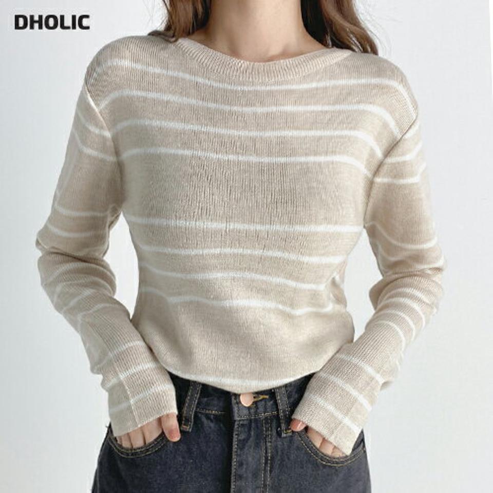 マルチボーダーラウンドネックニット・t03302 レディース 【tops】トップス ニット 長袖 ラウンドネック ボーダー柄 カジュアル マルチボーダー ラフ ベージュ 大人 アクリルニット 秋 冬 韓国ファッション