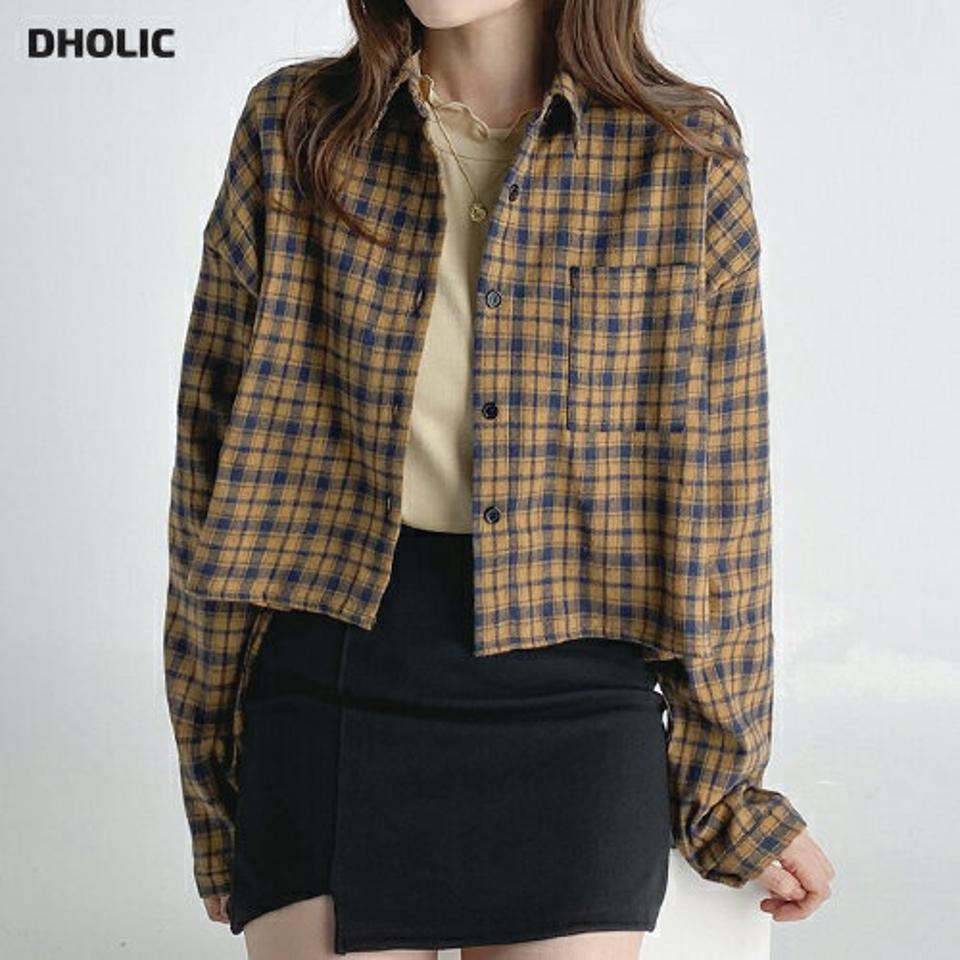 チェックポケットシャツ・b03298 レディース 【bl】トップス シャツ 長袖 チェック柄 ポケット チェックシャツ カジュアル 大人 ドロップショルダー 春 秋 韓国ファッション