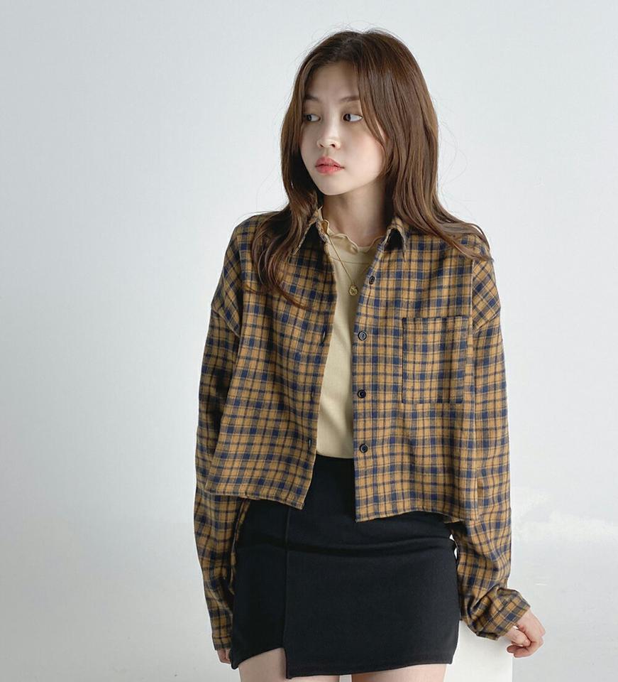 チェックポケットシャツ・b03298 レディース 【bl】トップス シャツ 長袖 チェック柄 ポケット チェックシャツ カジュアル 大人 ドロップショルダー 春 秋 韓国ファッション