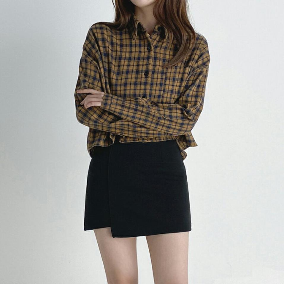 チェックポケットシャツ・b03298 レディース 【bl】トップス シャツ 長袖 チェック柄 ポケット チェックシャツ カジュアル 大人 ドロップショルダー 春 秋 韓国ファッション