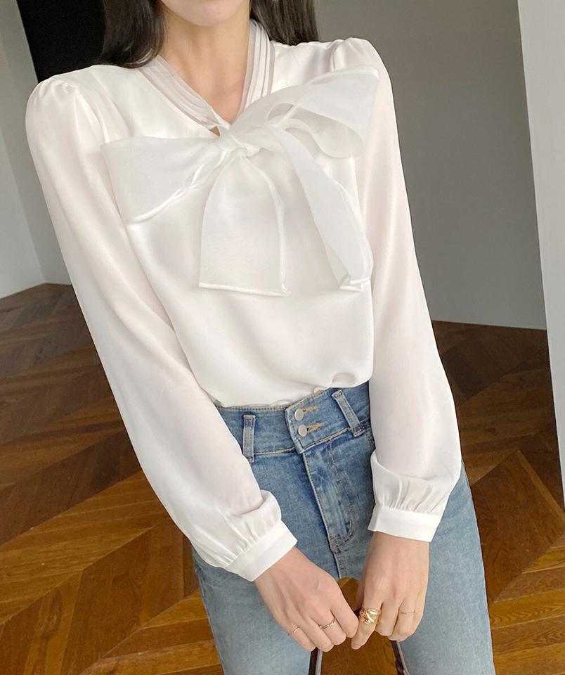 サテンリボンパフブラウス・b01076 レディース 【bl】トップス ブラウス 長袖 ボウタイ りぼん 襟コン サテン フェミニン 単色 無地 シンプル お呼ばれ パフスリーブ 春 秋 オケージョン ワンホン クリスマス 韓国ファッション HIHOLLI