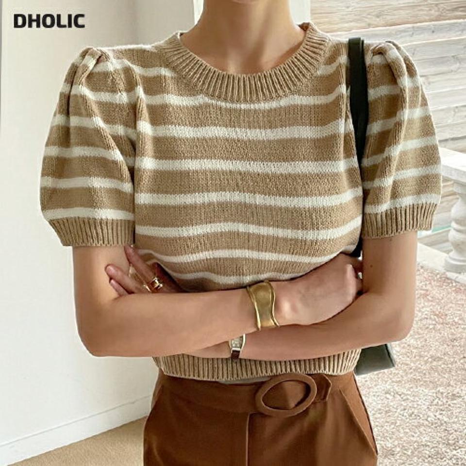 ボーダークロップドパフニット・t01077 レディース 【tops】トップス ニット 半袖 ボーダー柄 パフスリーブ 袖コン クロップド丈 ラウンドネック 二の腕カバー カジュアル かわいい ベージュ 春 秋 韓国ファッション ハイホリHIHOLLI