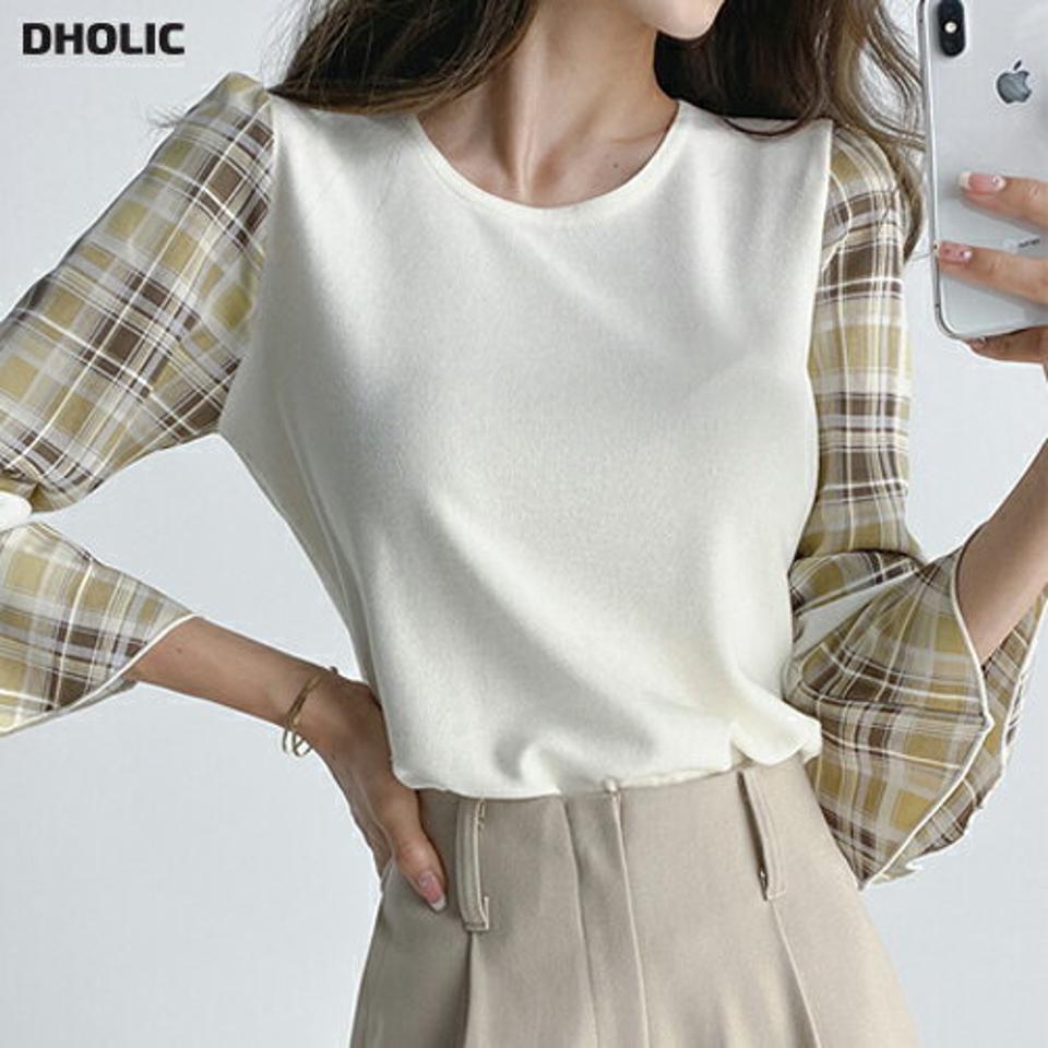 チェックベルスリーブTシャツ・t67206 レディース 【tops】トップス Tシャツ 七分袖 7分袖 七分丈 7分丈 オフィス チェック柄 ベルスリーブ 袖コン フェミニン ラウンドネック 大人 かわいい 可愛い 春 秋 韓国ファッション 人気