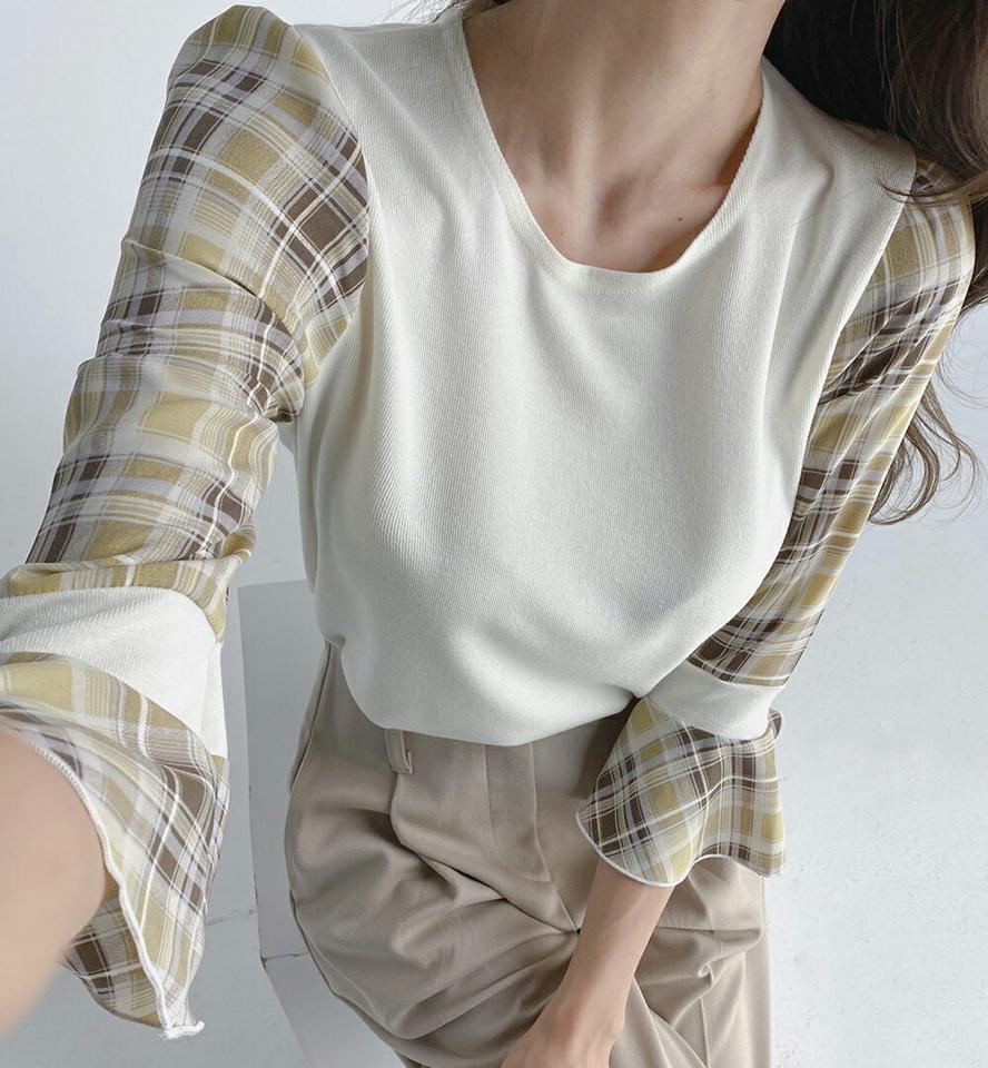 チェックベルスリーブTシャツ・t67206 レディース 【tops】トップス Tシャツ 七分袖 7分袖 七分丈 7分丈 オフィス チェック柄 ベルスリーブ 袖コン フェミニン ラウンドネック 大人 かわいい 可愛い 春 秋 韓国ファッション 人気