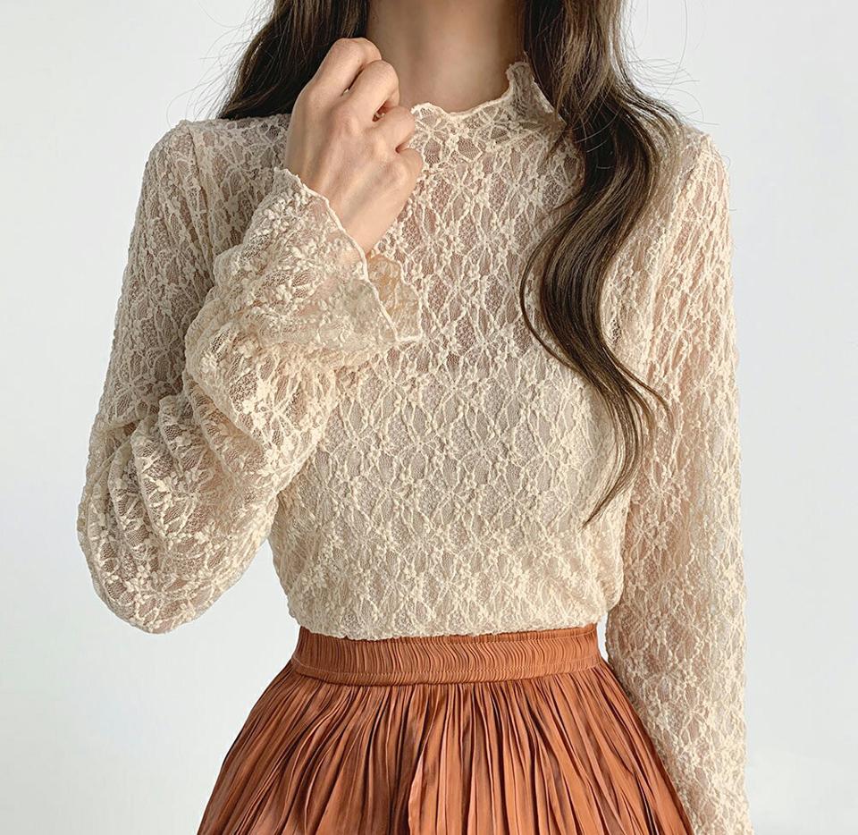 ハーフネックレースブラウス・t67208 レディース 【bl】トップス ブラウス 長袖 キャンディスリーブ 総レース フェミニン ハーフネック かわいい 可愛い 透け感 シアー シースルー 大人 ベージュ 春 秋 フレンチ モックネック 韓国ファッション クリスマス