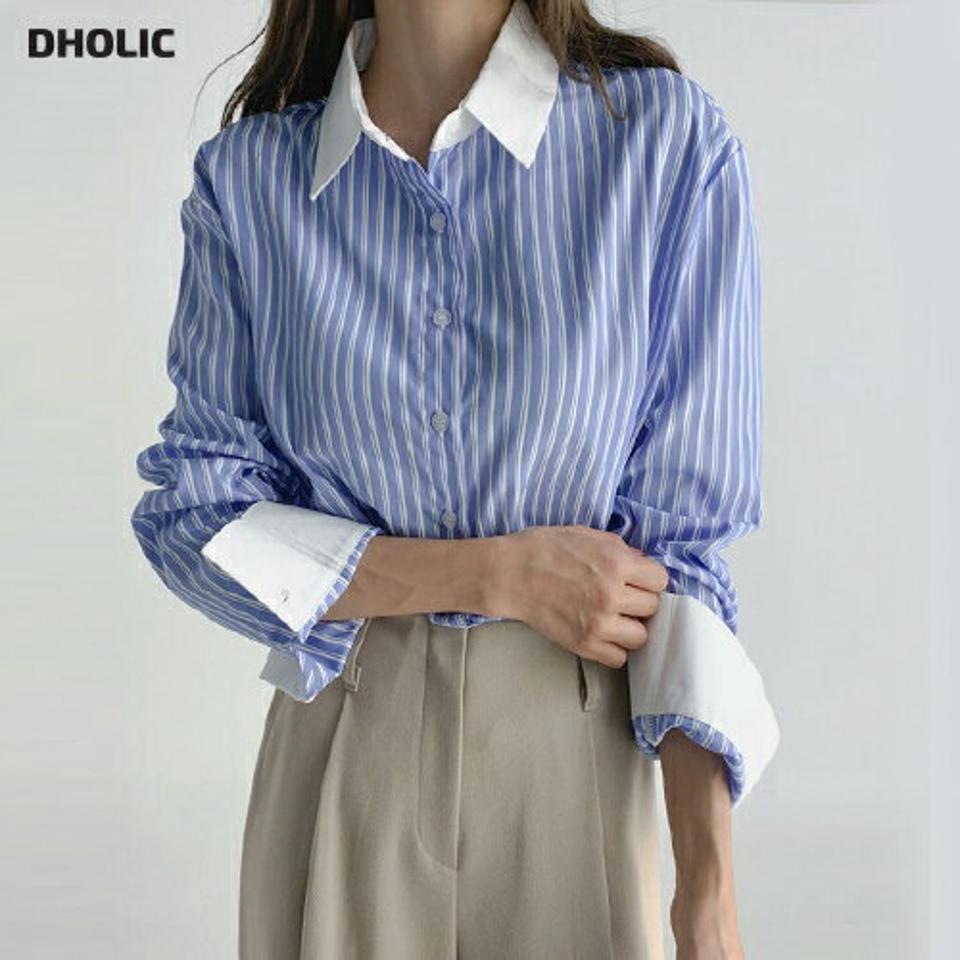 2TYPE長袖シャツ・t67212 レディース 【bl】トップス シャツ 長袖 ストライプ柄 マルチストライプ 爽やか カジュアル 大人 オフィス 単色 無地 シンプル ベーシック 白シャツ ホワイト 水色 スクールガール 春 秋 韓国ファッション