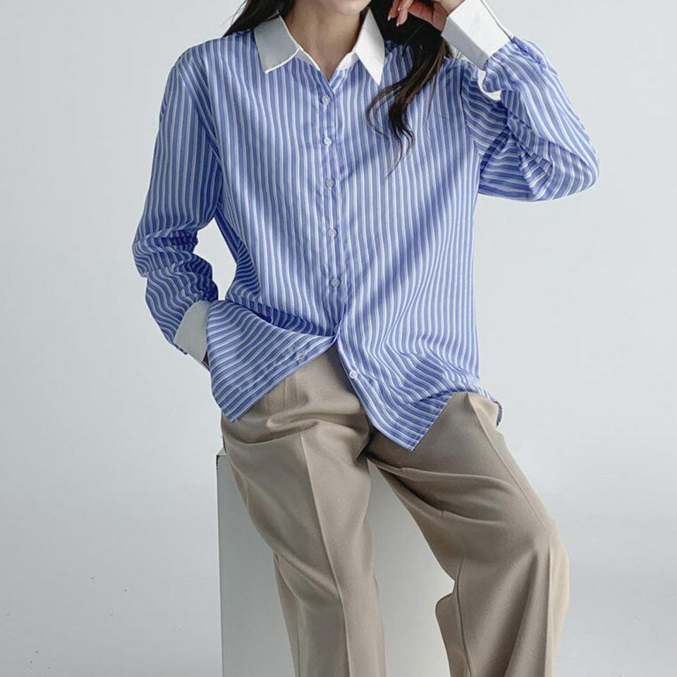 2TYPE長袖シャツ・t67212 レディース 【bl】トップス シャツ 長袖 ストライプ柄 マルチストライプ 爽やか カジュアル 大人 オフィス 単色 無地 シンプル ベーシック 白シャツ ホワイト 水色 スクールガール 春 秋 韓国ファッション