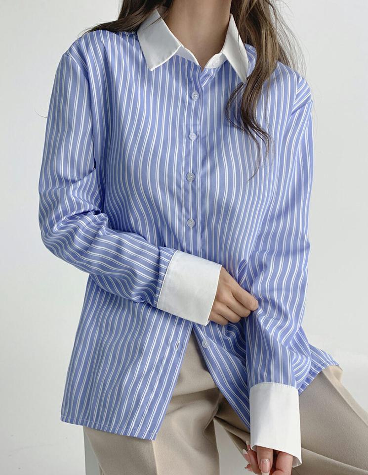 2TYPE長袖シャツ・t67212 レディース 【bl】トップス シャツ 長袖 ストライプ柄 マルチストライプ 爽やか カジュアル 大人 オフィス 単色 無地 シンプル ベーシック 白シャツ ホワイト 水色 スクールガール 春 秋 韓国ファッション