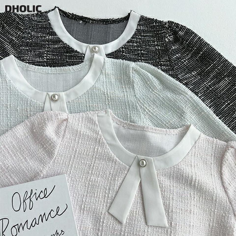 リボンツイードブラウス・t67211 レディース 【bl】トップス ブラウス 七分袖 七分丈 7分袖 7分丈 ツイード りぼん ガーリー フェミニン パール 高級感 ラウンドネック 大人 オフィス パフスリーブ オケージョン 結婚式 春 秋 韓国ファッション