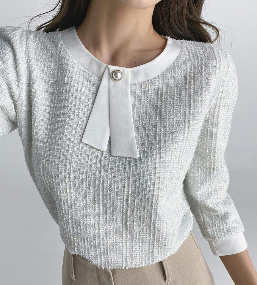 リボンツイードブラウス・t67211 レディース 【bl】トップス ブラウス 七分袖 七分丈 7分袖 7分丈 ツイード りぼん ガーリー フェミニン パール 高級感 ラウンドネック 大人 オフィス パフスリーブ オケージョン 結婚式 春 秋 韓国ファッション