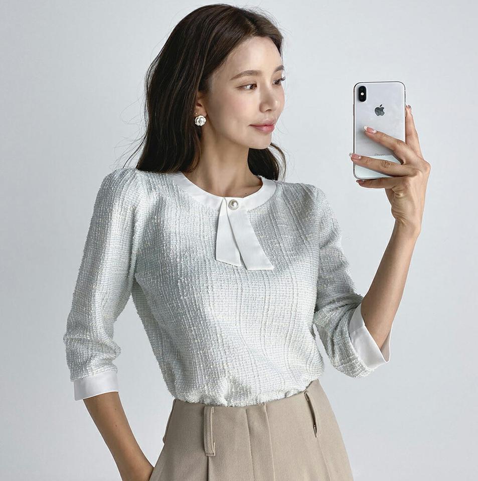 リボンツイードブラウス・t67211 レディース 【bl】トップス ブラウス 七分袖 七分丈 7分袖 7分丈 ツイード りぼん ガーリー フェミニン パール 高級感 ラウンドネック 大人 オフィス パフスリーブ オケージョン 結婚式 春 秋 韓国ファッション