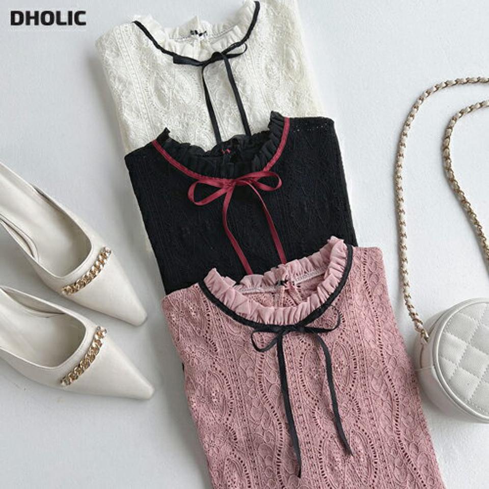 配色リボンレースブラウス・t67209 レディース 【bl】トップス ブラウス 長袖 総レース りぼん 襟コン フリルネック ガーリー かわいい 可愛い 配色 スカラップ 花柄 ピンク 春 秋 フレンチ ワンホン 韓国ファッション