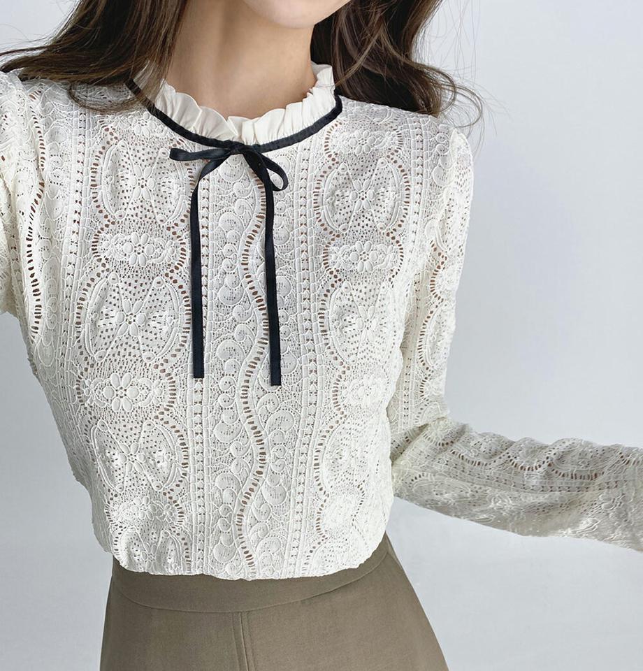 配色リボンレースブラウス・t67209 レディース 【bl】トップス ブラウス 長袖 総レース りぼん 襟コン フリルネック ガーリー かわいい 可愛い 配色 スカラップ 花柄 ピンク 春 秋 フレンチ ワンホン 韓国ファッション