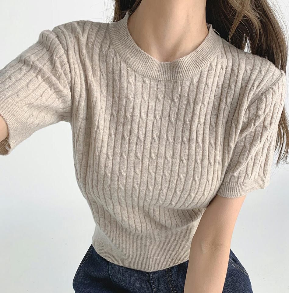 ウール混ケーブル半袖ニット・t67214 レディース 【tops】トップス ニット 半袖 ケーブル編み ウール ラウンドネック 単色 シンプル カジュアル ラフ 春 秋 韓国ファッション 人気