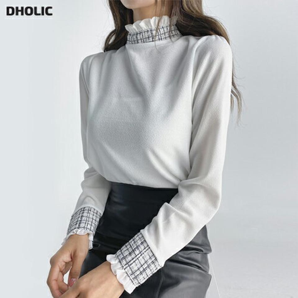 ツイードフリルブラウス・t67210 レディース 【bl】トップス ブラウス 長袖 ハーフネック フリルネック 襟コン 袖コン ツイード フェミニン かわいい チェック柄 大人 ガーリー オケージョン プルオーバー 春 秋 ワンホン 韓国ファッション 人気