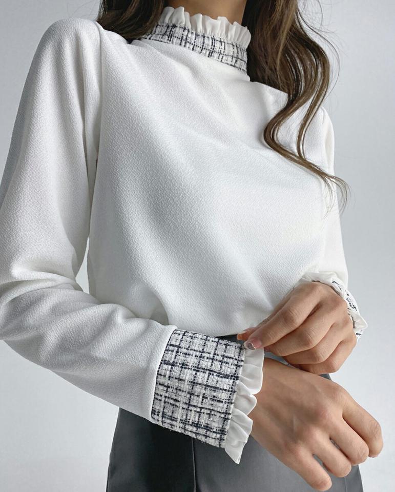 ツイードフリルブラウス・t67210 レディース 【bl】トップス ブラウス 長袖 ハーフネック フリルネック 襟コン 袖コン ツイード フェミニン かわいい チェック柄 大人 ガーリー オケージョン プルオーバー 春 秋 ワンホン 韓国ファッション 人気