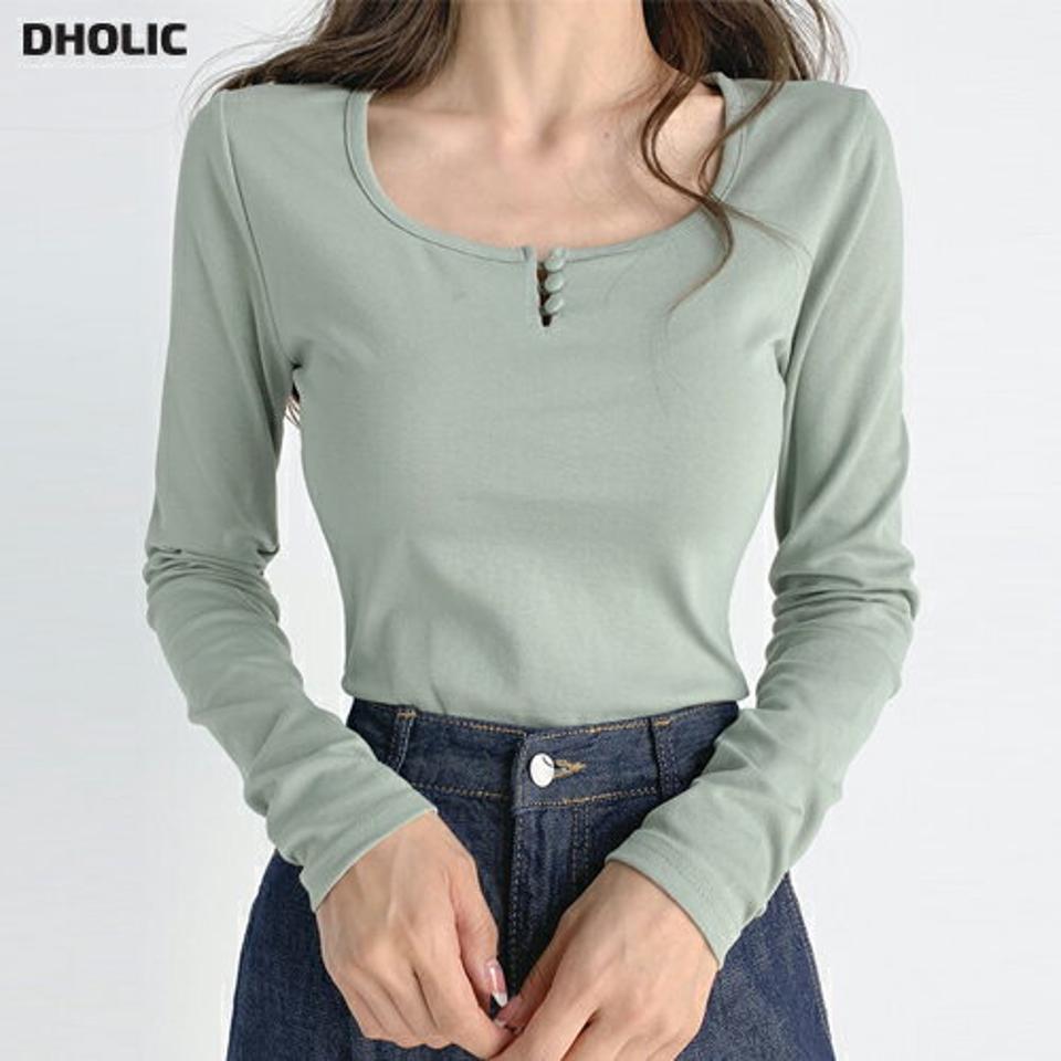 ボタンスクエアネックTシャツ・t67202 レディース 【tops】トップス Tシャツ 長袖 ロンT スクエアネック ボタン 単色 無地 シンプル ベーシック 大人 スリム くすみ 黄緑 春 秋 韓国ファッション