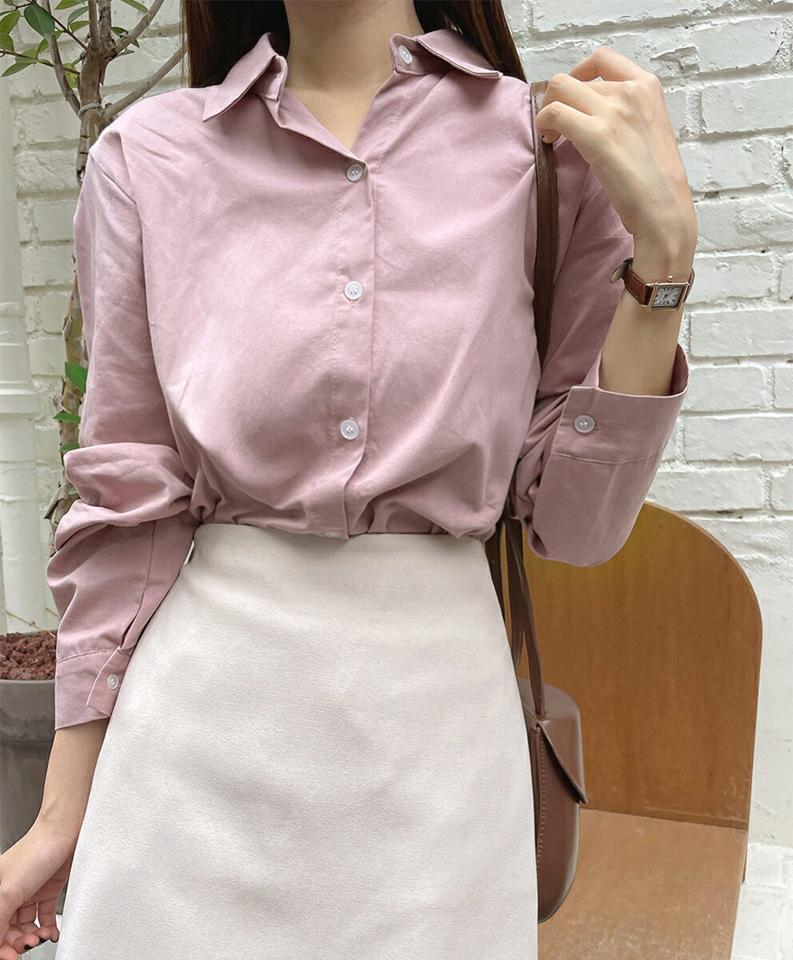 ラウンドヘムコットンシャツ・t00004 レディース 【bl】トップス シャツ 長袖 襟 コットン 綿 単色 無地 シンプル ベーシック 大人 オフィス きれいめ 白シャツ ホワイト 学校行事 スクールガール 骨格ストレート 春 秋 韓国ファッション