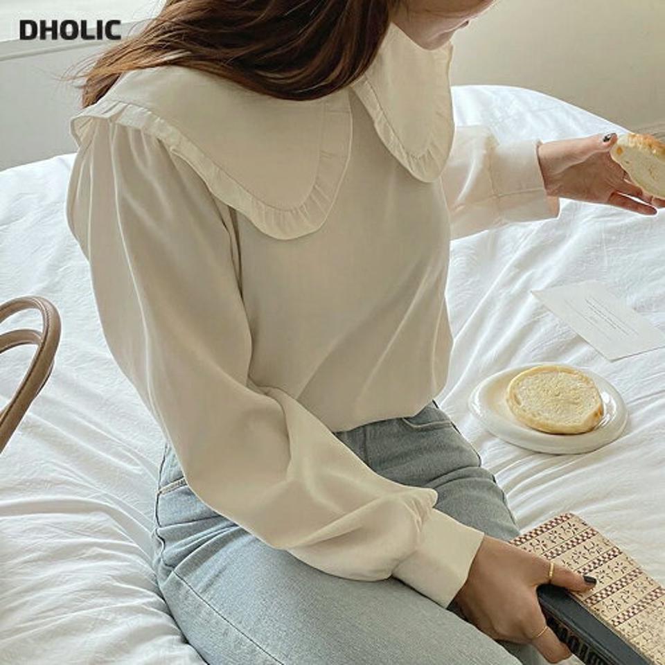 フリルビッグカラーブラウス・t00003 レディース 【bl】トップス ブラウス 長袖 襟コン 大きい襟 フリル 単色 シンプル かわいい 可愛い ガーリー パフスリーブ ラウンドネック 春 秋 冬 韓国ファッション