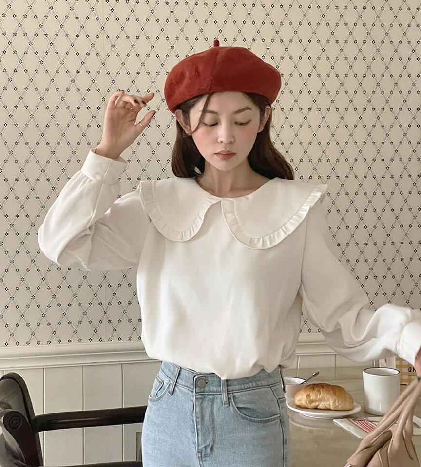 フリルビッグカラーブラウス・t00003 レディース 【bl】トップス ブラウス 長袖 襟コン 大きい襟 フリル 単色 シンプル かわいい 可愛い ガーリー パフスリーブ ラウンドネック 春 秋 冬 韓国ファッション