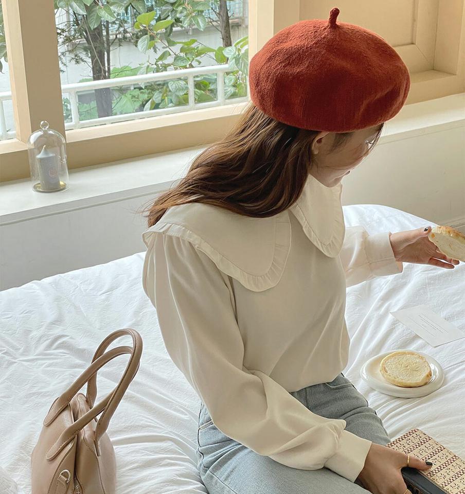 フリルビッグカラーブラウス・t00003 レディース 【bl】トップス ブラウス 長袖 襟コン 大きい襟 フリル 単色 シンプル かわいい 可愛い ガーリー パフスリーブ ラウンドネック 春 秋 冬 韓国ファッション