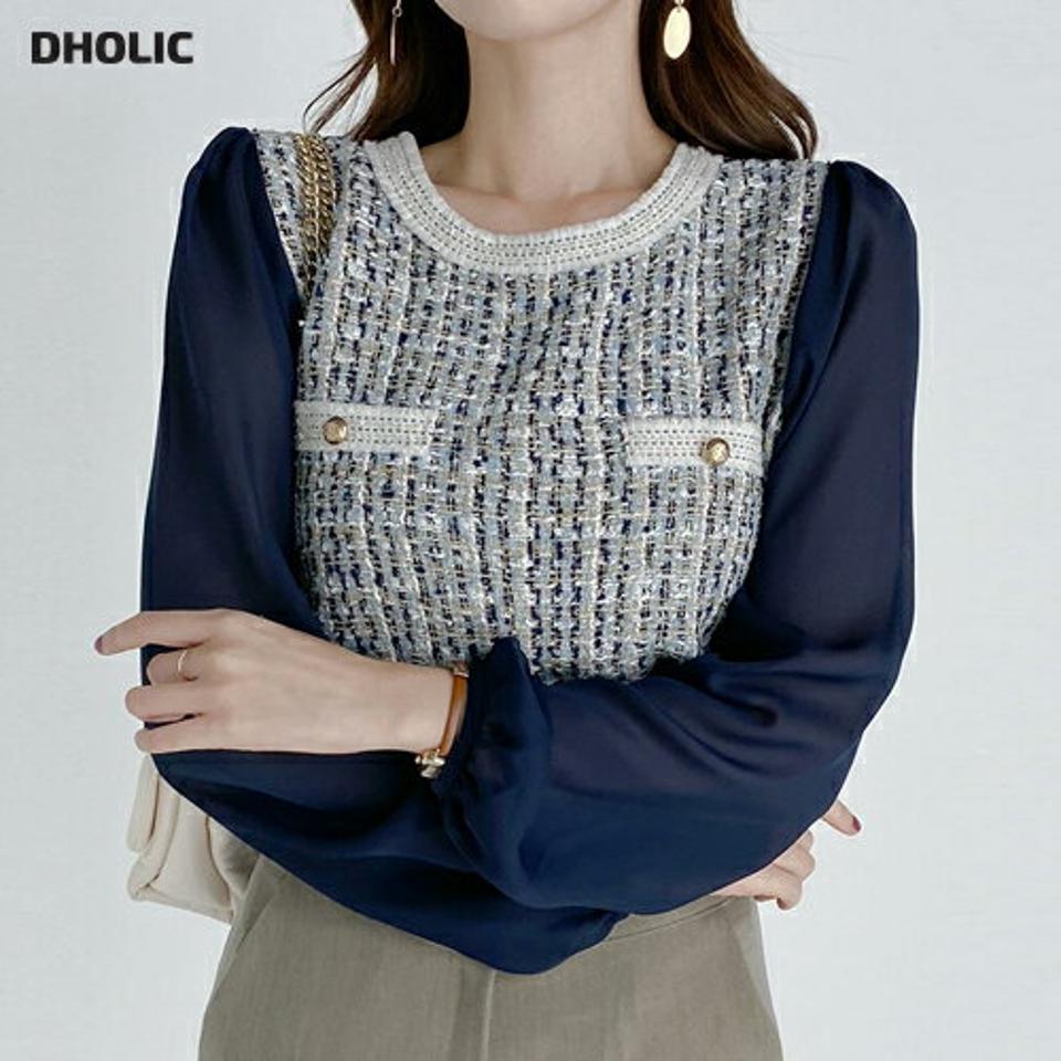 ツイードシフォンブラウス・t68623 レディース 【bl】トップス ブラウス 長袖 ツイード シフォン 袖コンミックス 大人 高級感 ゴールドボタン ラウンドネック オフィス パフスリーブ 柄 フレンチ 透け感 オケージョン 結婚式 春 秋 韓国ファッション 人気