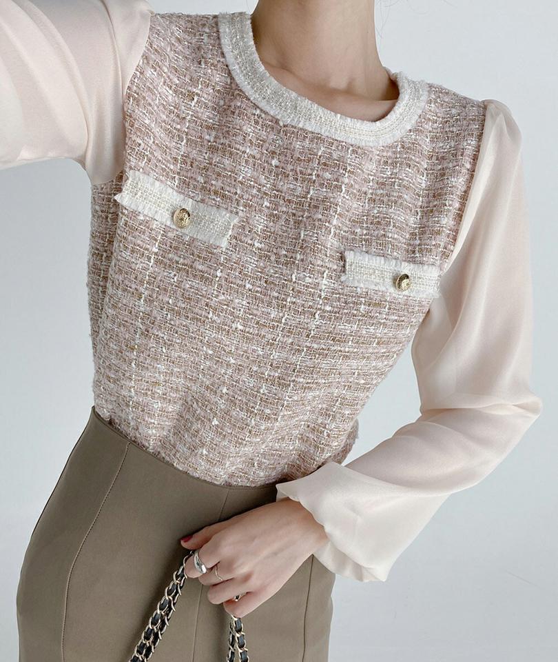 ツイードシフォンブラウス・t68623 レディース 【bl】トップス ブラウス 長袖 ツイード シフォン 袖コンミックス 大人 高級感 ゴールドボタン ラウンドネック オフィス パフスリーブ 柄 フレンチ 透け感 オケージョン 結婚式 春 秋 韓国ファッション 人気