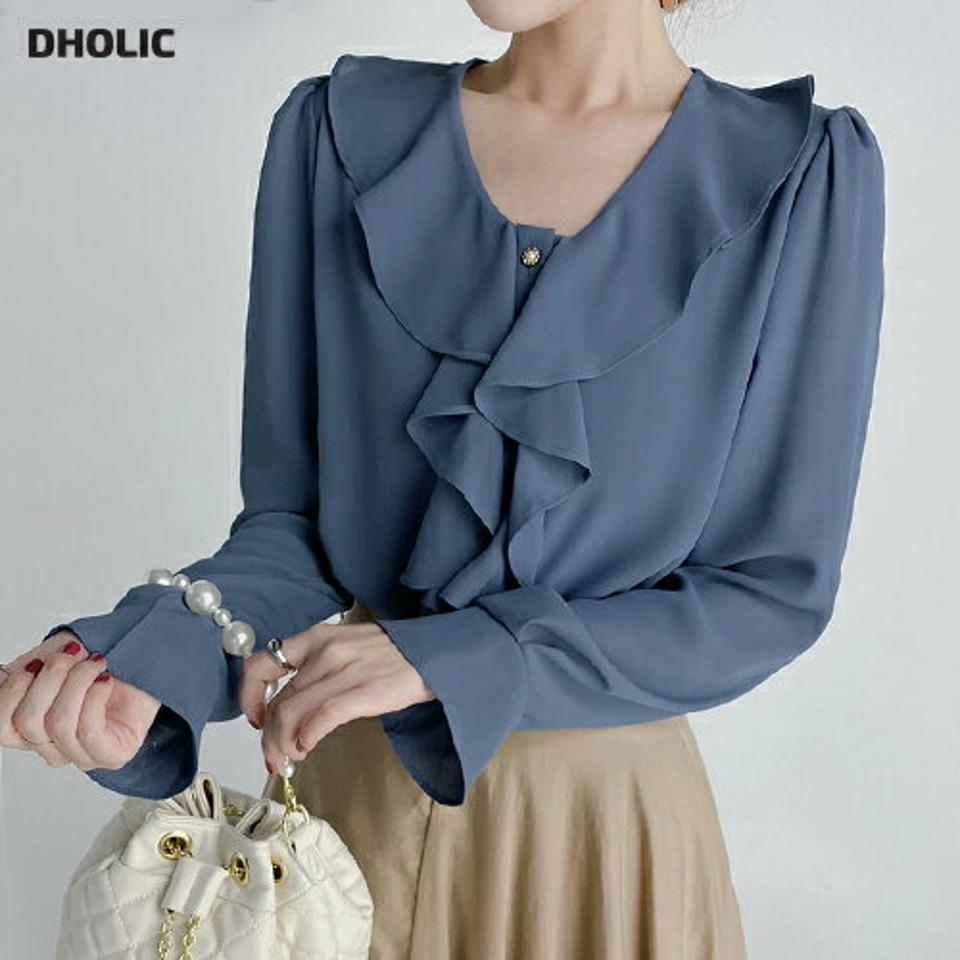 フリルネックボタンブラウス・t68622 レディース 【bl】トップス ブラウス 長袖 襟コン フリル ガーリー 大人 かわいい 可愛い 青 ブルー 単色 無地 シンプル オフィス ベルカフス 袖コン シフォン デコラティブ 春 秋 韓国ファッション