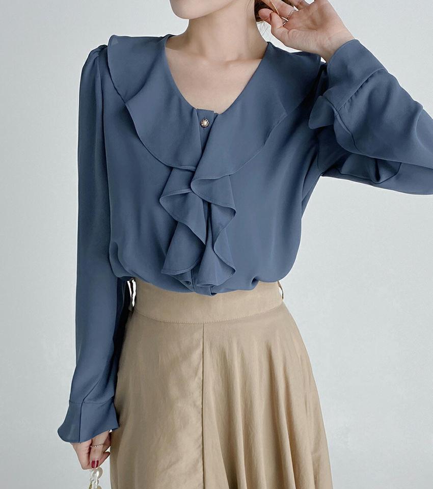 フリルネックボタンブラウス・t68622 レディース 【bl】トップス ブラウス 長袖 襟コン フリル ガーリー 大人 かわいい 可愛い 青 ブルー 単色 無地 シンプル オフィス ベルカフス 袖コン シフォン デコラティブ 春 秋 韓国ファッション