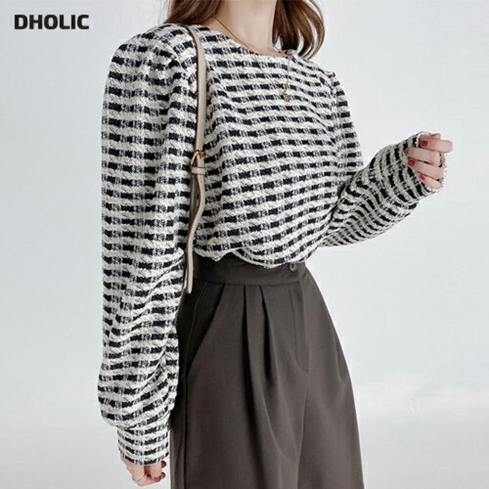 ツイードチェックパフブラウス・t68621 レディース 【bl】トップス ブラウス 長袖 パフスリーブ チェック柄 ツイード 大人 高級感 ラウンドネック かわいい 可愛い 秋 冬 フレンチ 韓国ファッション