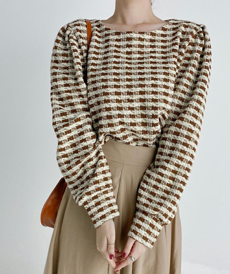 ツイードチェックパフブラウス・t68621 レディース 【bl】トップス ブラウス 長袖 パフスリーブ チェック柄 ツイード 大人 高級感 ラウンドネック かわいい 可愛い 秋 冬 フレンチ 韓国ファッション