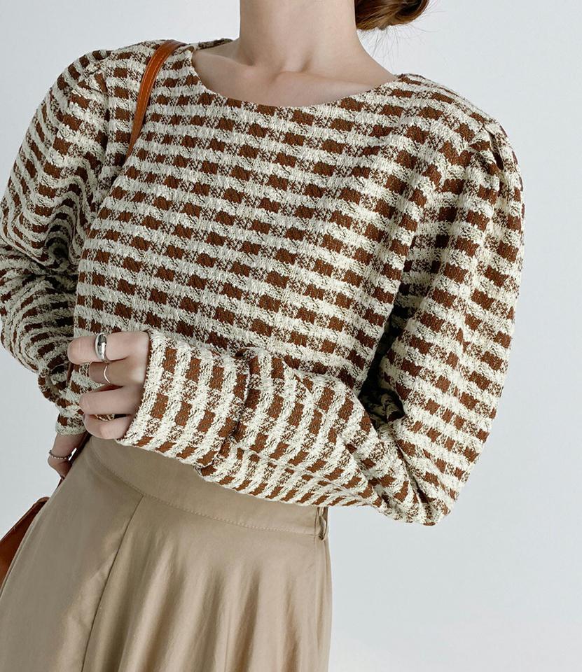 ツイードチェックパフブラウス・t68621 レディース 【bl】トップス ブラウス 長袖 パフスリーブ チェック柄 ツイード 大人 高級感 ラウンドネック かわいい 可愛い 秋 冬 フレンチ 韓国ファッション