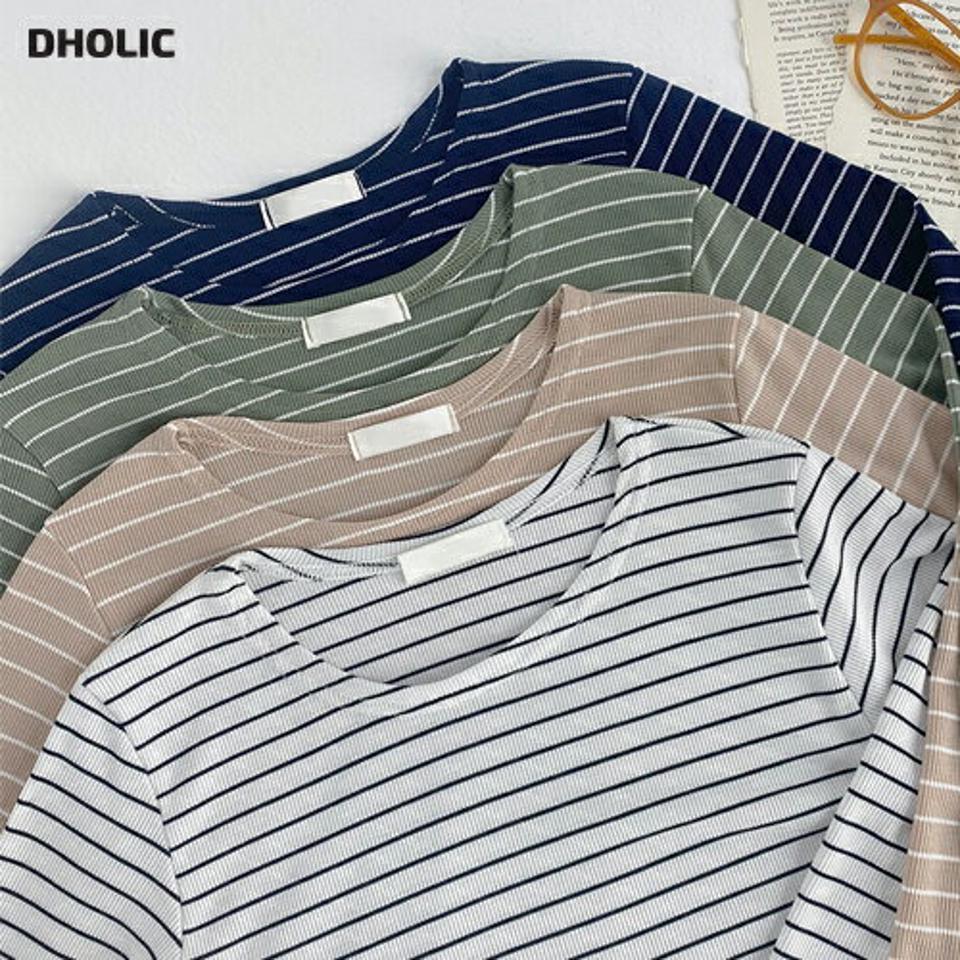 ボーダースリムフィットTシャツ・t68616 レディース 【tops】トップス Tシャツ 長袖 ロンT ボーダー柄 スリム カジュアル ラフ ラウンドネック 緑 ベージュ リブ タイト スリム 春 秋 冬 韓国ファッション