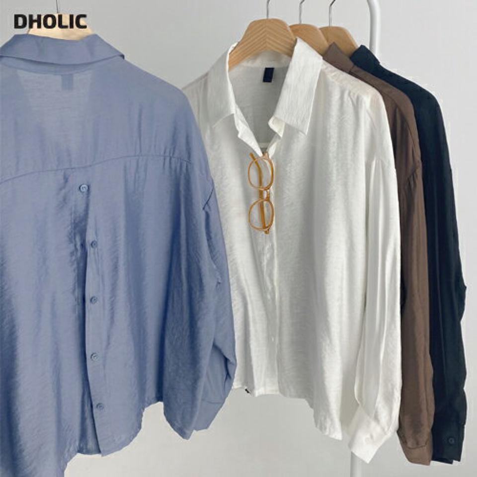 バックボタンスリットシャツ・t68625 レディース 【bl】トップス シャツ 長袖 バックスリット バックシャン 背中 スリット 単色 無地 シンプル ユニーク カジュアル 襟 青 白シャツ ホワイト ドロップショルダー 春 秋 韓国ファッション