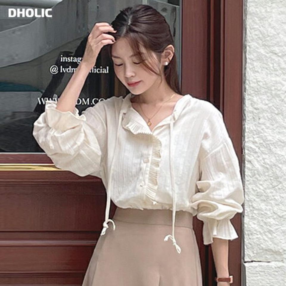 リボンフリルブラウス・t00031 レディース 【bl】トップス ブラウス 長袖 フリル りぼん ガーリー かわいい キャンディスリーブ 袖コン ボリューム袖 ギャザー ストライプ バンドカラー ドロップショルダー プリーツ 秋 春 韓国ファッション