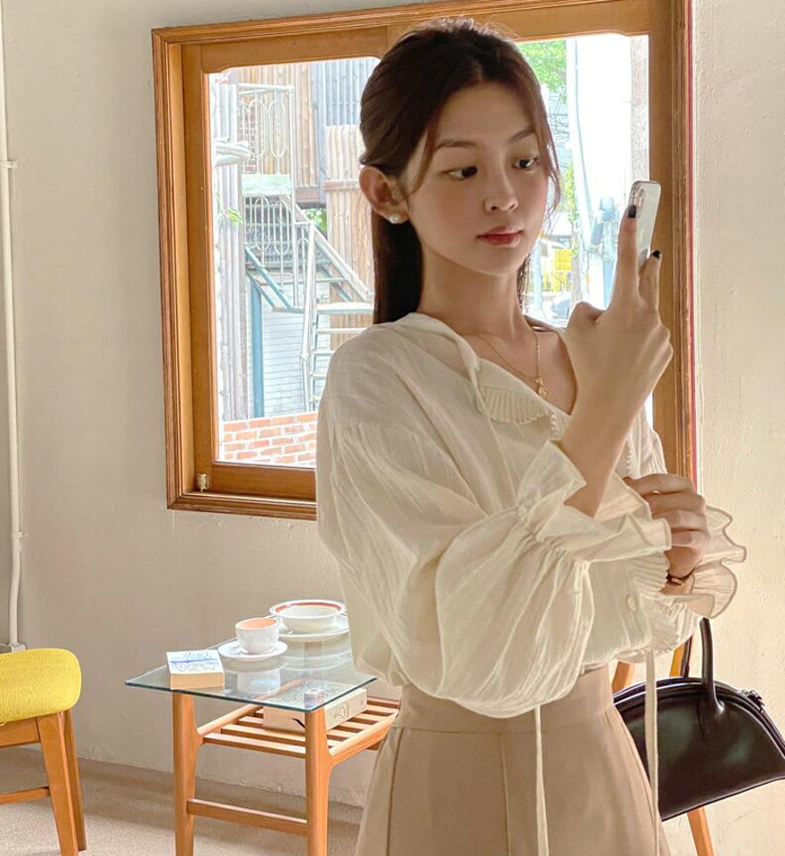 リボンフリルブラウス・t00031 レディース 【bl】トップス ブラウス 長袖 フリル りぼん ガーリー かわいい キャンディスリーブ 袖コン ボリューム袖 ギャザー ストライプ バンドカラー ドロップショルダー プリーツ 秋 春 韓国ファッション