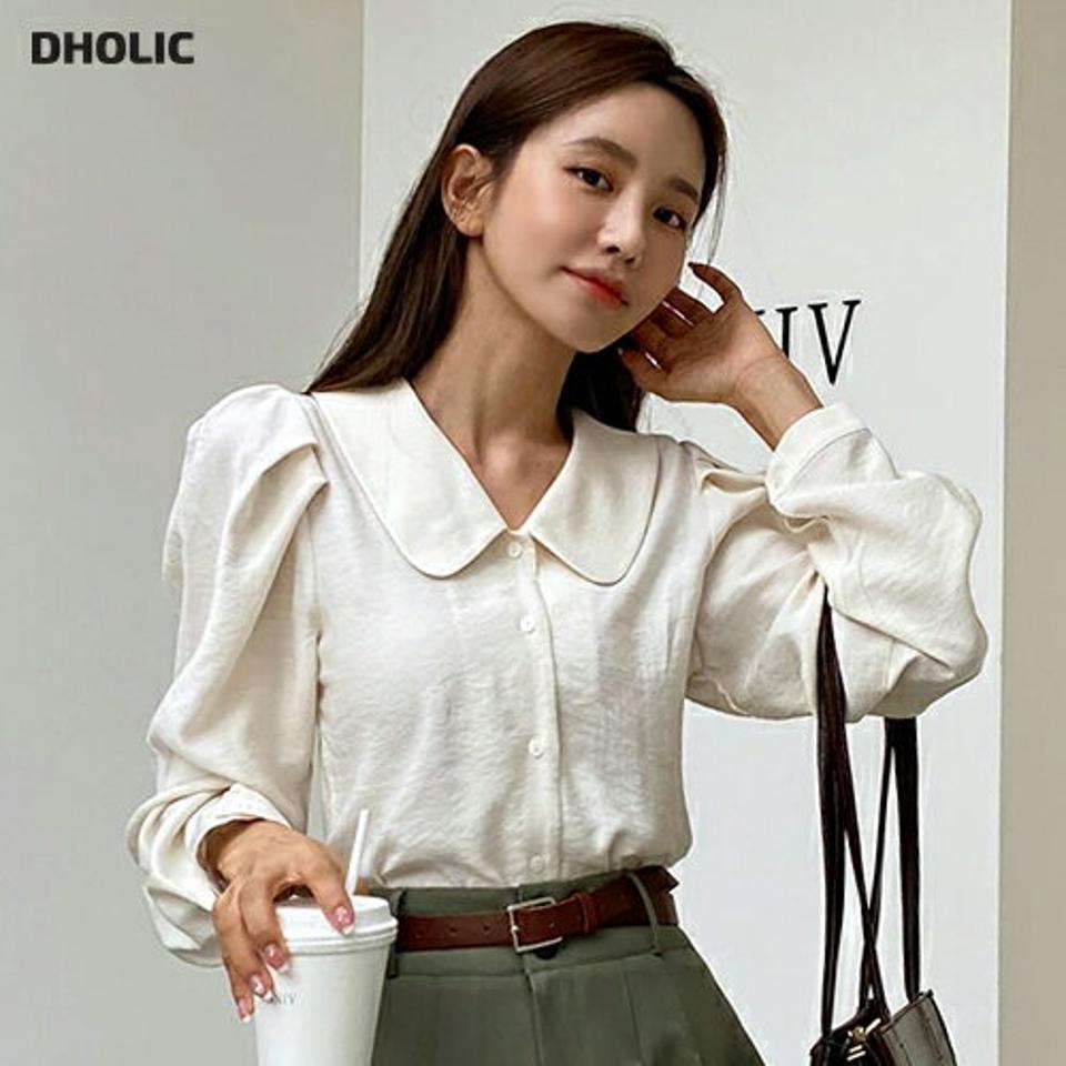 カラーボタンブラウス・t00003 レディース 【bl】トップス シャツブラウス ブラウス 長袖 襟コン 丸襟 パフスリーブ 単色 無地 シンプル ガーリー かわいい 可愛い ボリューム袖 春 秋 韓国ファッション